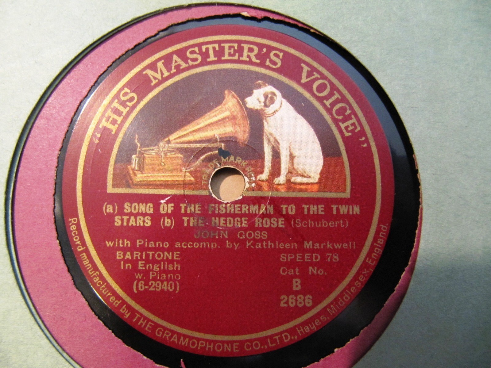 1927 JOHN GOSS bar Kathleen Markwell piano SCHUBERT WOHIN Horch Horch HMV B2686
