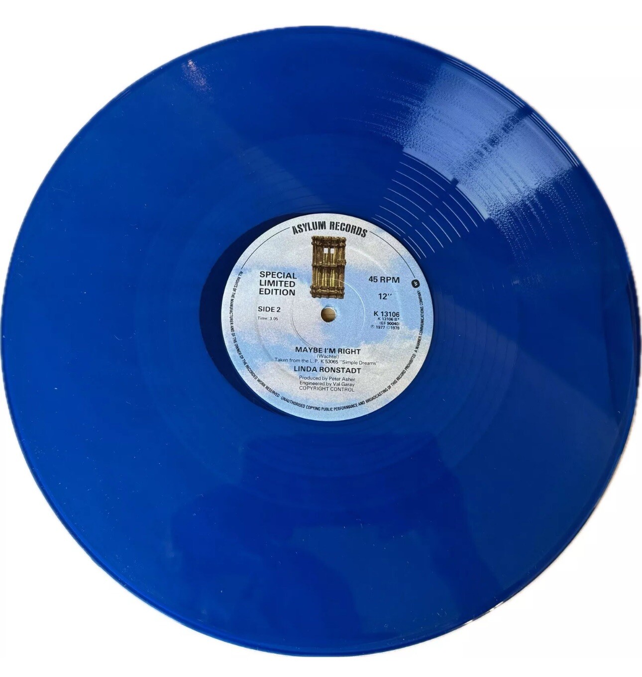 Linda Ronstadt Blue Bayou 12” Blue Vinyl Single Ltd Ed UK Asylum Records used