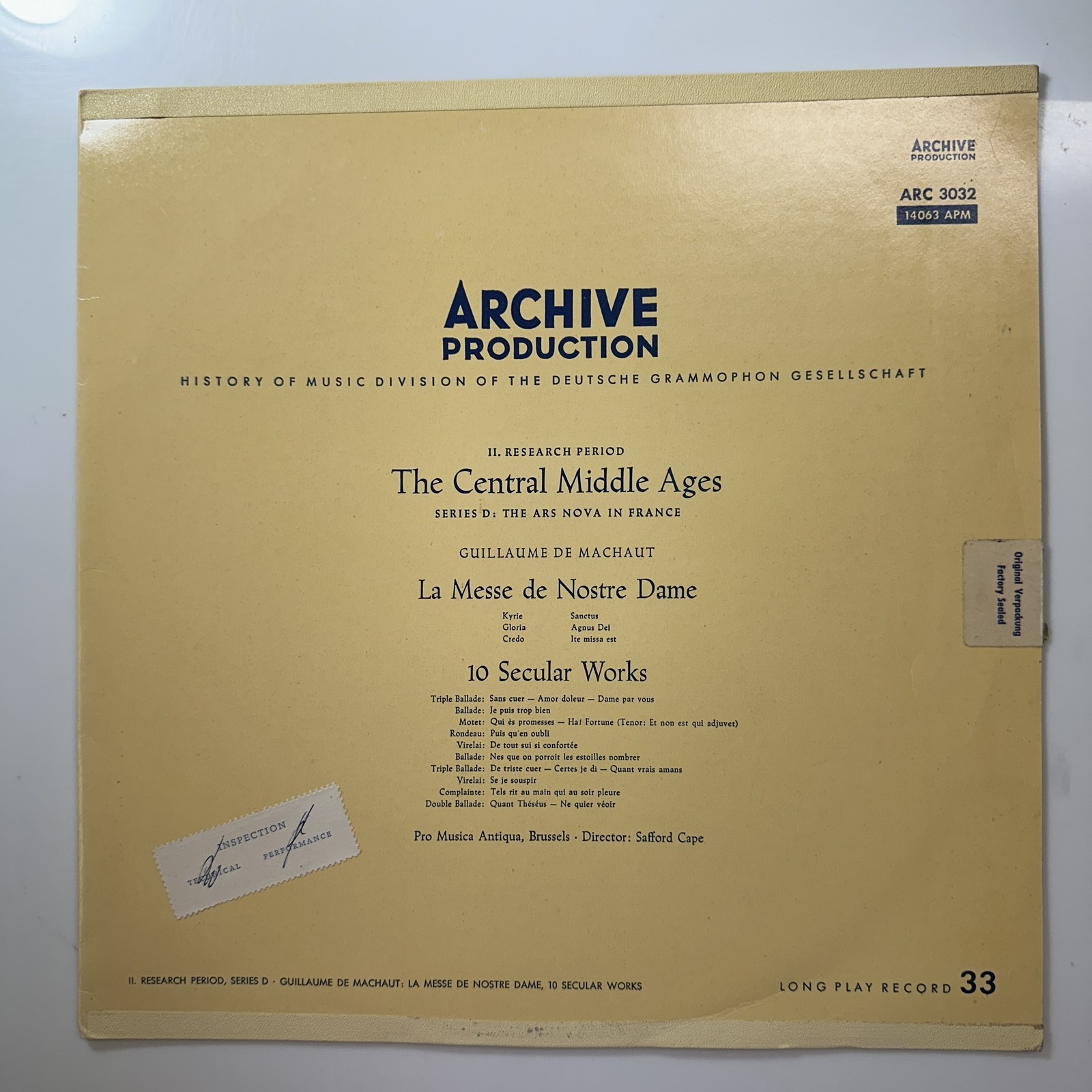 Mass of Our Lady; 10 Secular Works LP Vinyl Record Machaut Archive Prod ARC 3032