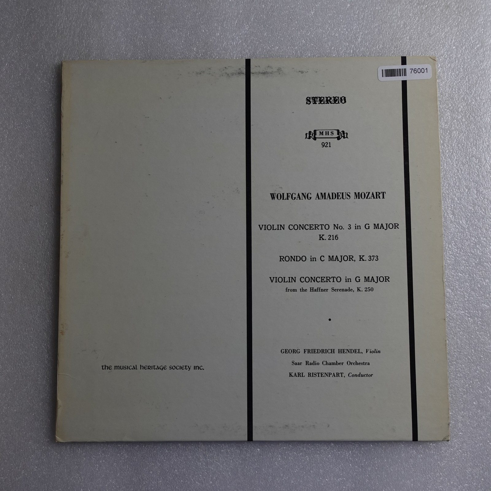 Wolfgang Amadeus Mozart Violin Concerto No 3 in G Major LP Vinyl Album Record