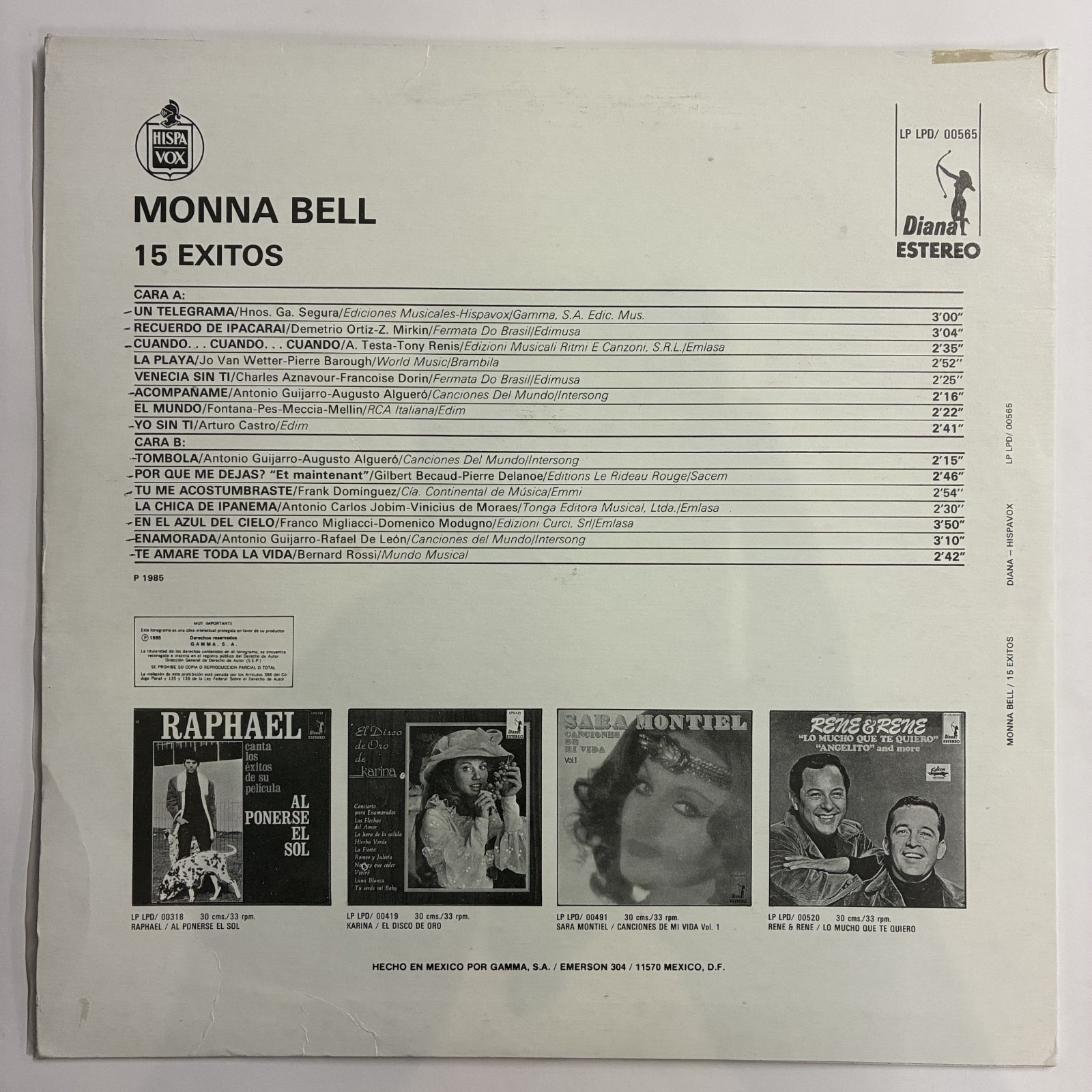 MONNA BELL – 15 EXITOS -1985 MEXICAN LP SOC, LATIN POP / ROCK