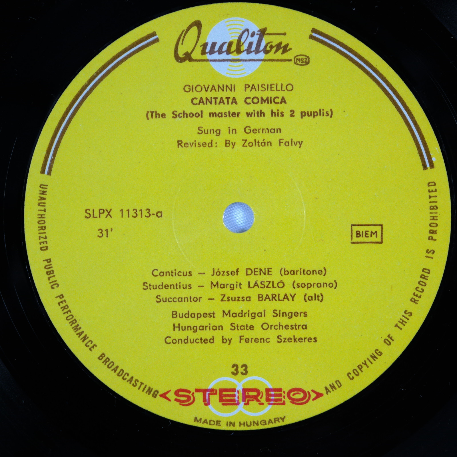 Sussmayr: Das Namensfest & Paisiello: Cantata Comica/Hungary Qualiton Stereo NM