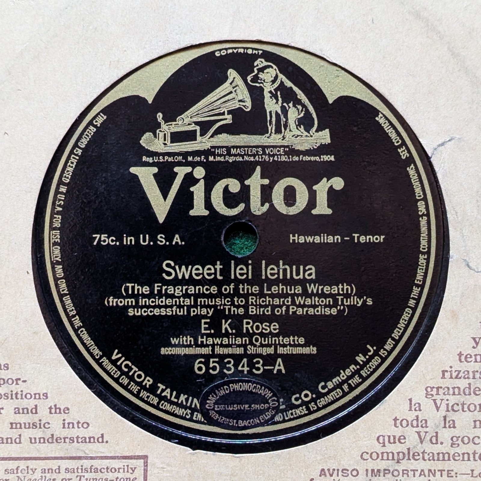 E. K. Rose, Hawaiian Quintette – Sweet lei lehua / Honolulu Tom Boy (1916) 78RPM