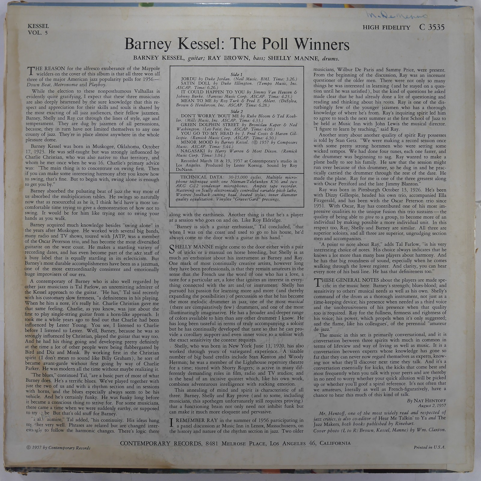 THE POLL WINNERS Self Titled CONTEMPORARY C3535 VG- 1957 Hard Bop LP Jazz
