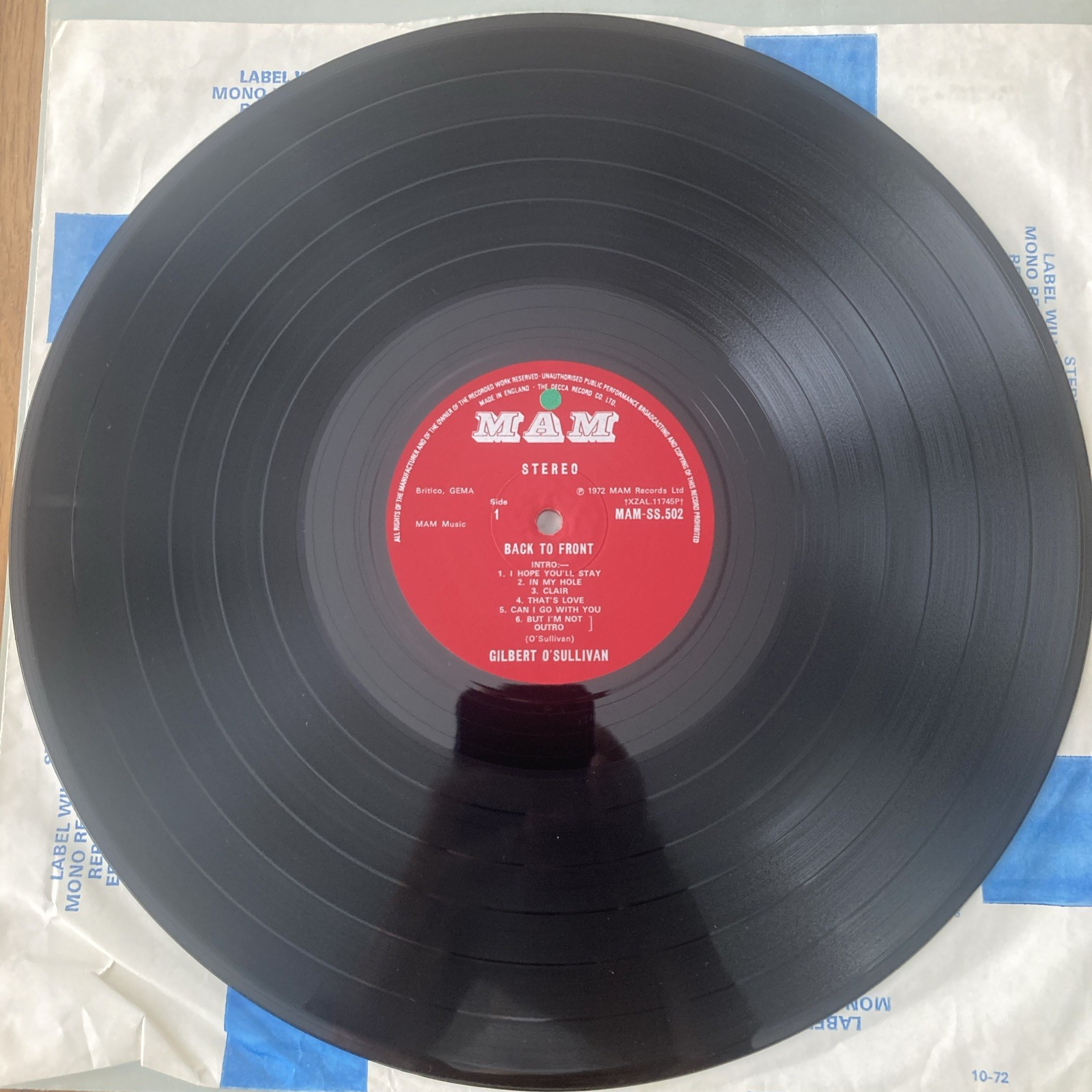 Gilbert O’Sullivan – Back To Front Vinyl LP (1972, MAM-SS 502, EX/VG+)