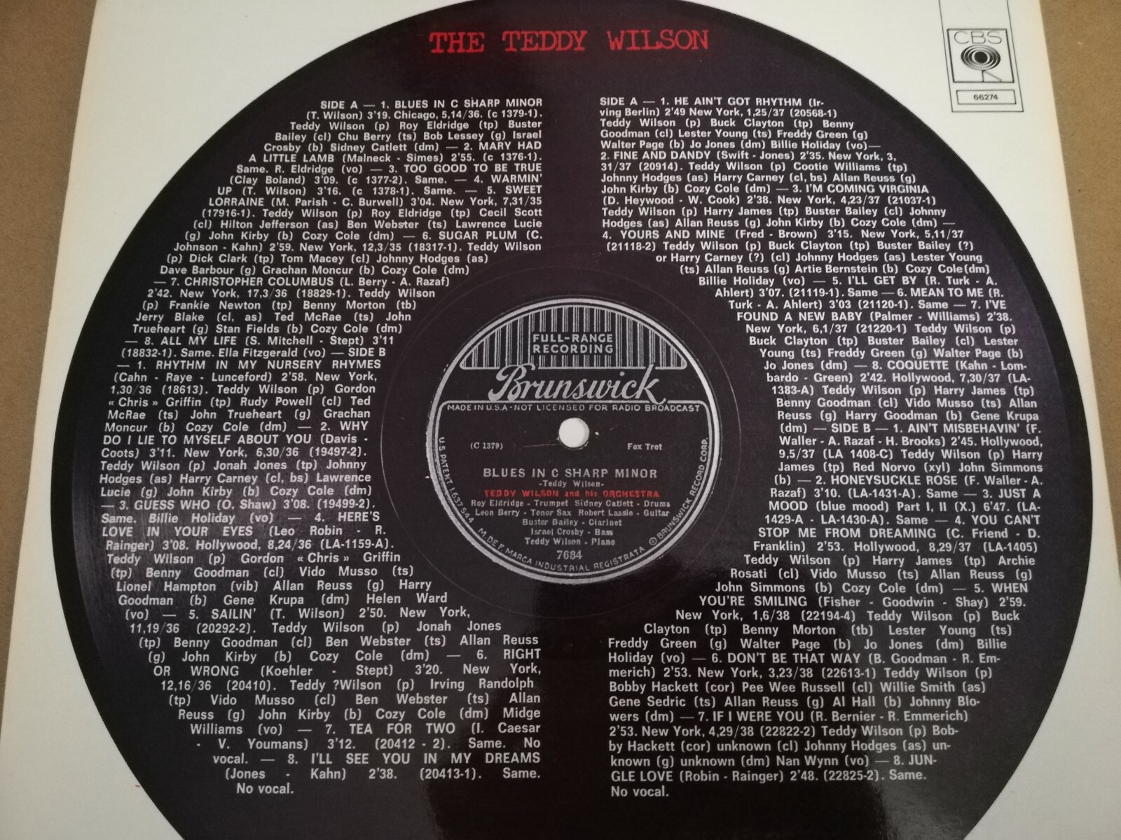 THE TEDDY WILSON FULL RANGE RECORDING CBS 64290/64291 FRANCE 2 SET LP