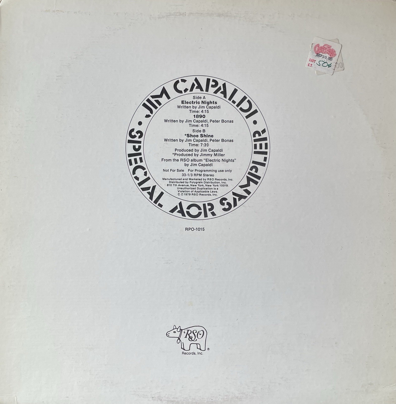 Jim Capaldi Electric Nights Sampler RSO RPO 1015 Promo White Label Stereo 12”