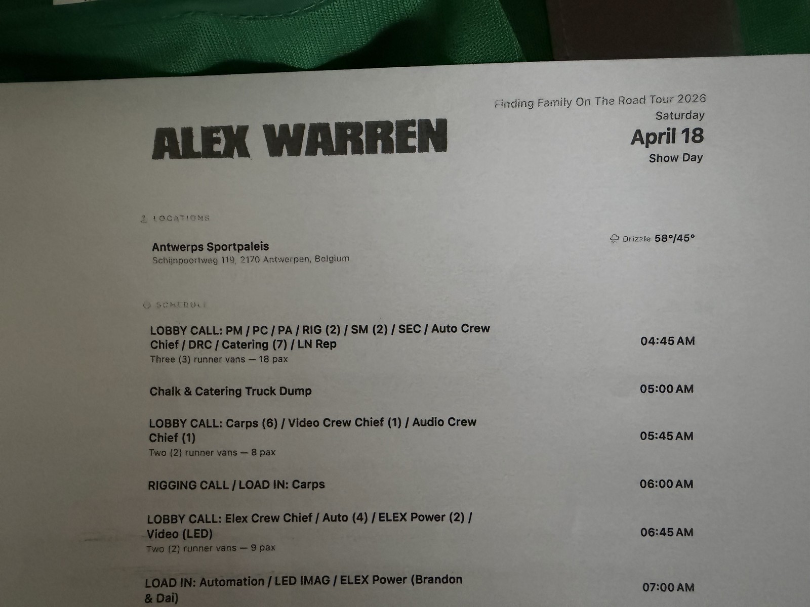 Alex Warren setlist timesheet crewsheet passsheet backstage access vest