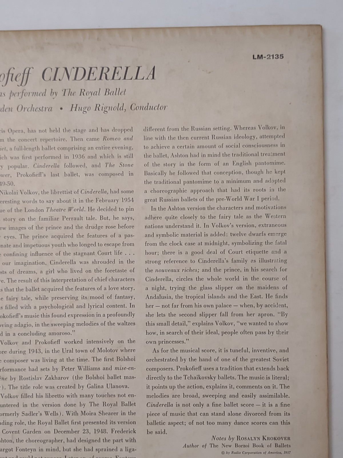 Prokofieff Cinderella The Royal Ballet vinyl record RCA Victor LM-2135 Tested