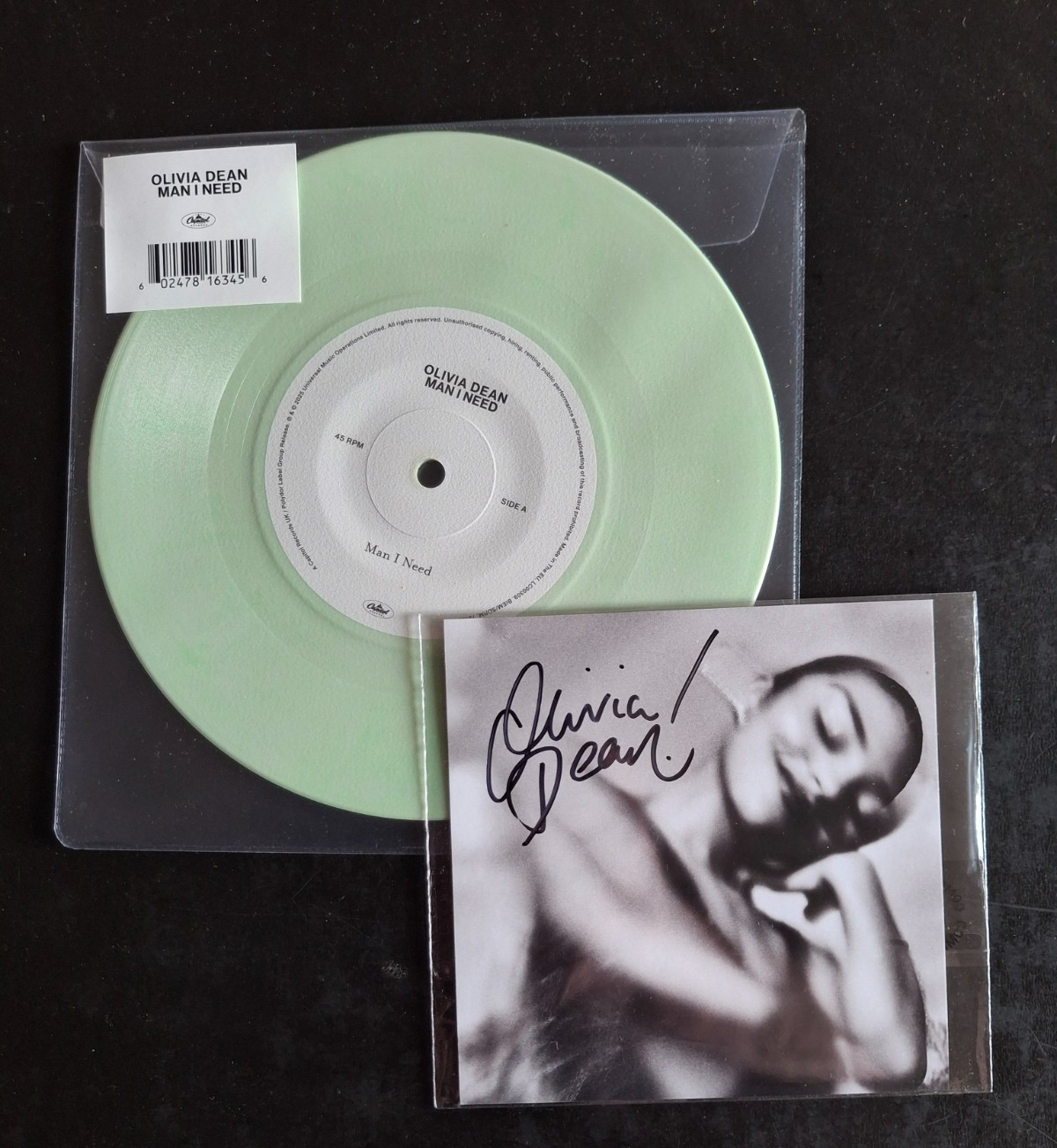 OLIVIA DEAN MAN I NEED 2 TRACK GREEN VINYL 7″ & SIGNED ART CARD