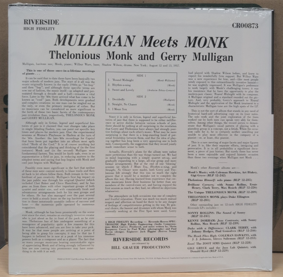 Gerry Mulligan Meets Thelonious Monk Vinyl LP RSD 2025