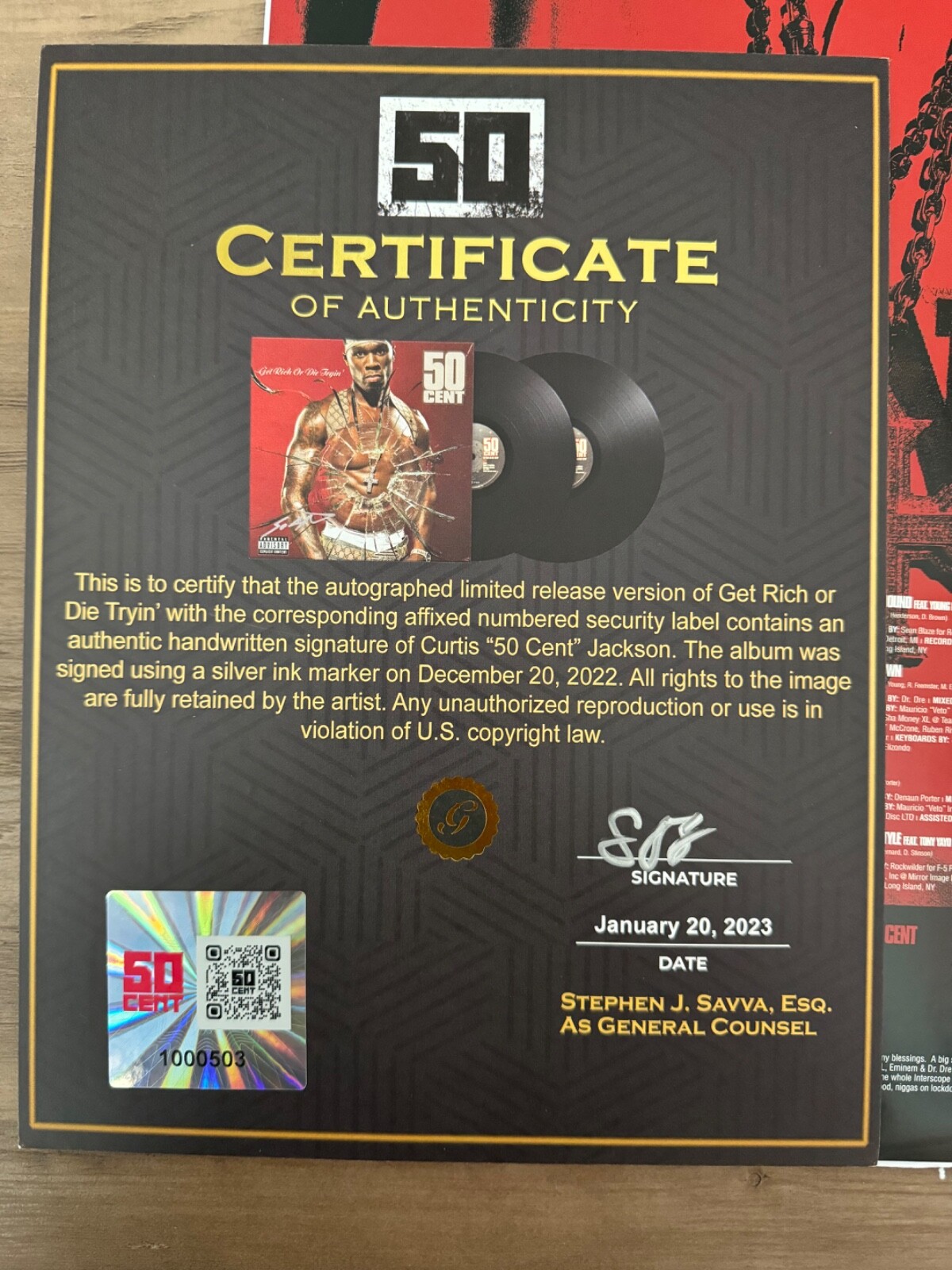COA Signed Get Rich or Die Tryin’ by 50 Cent (Record, 2003)