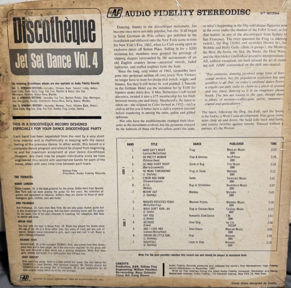 Jet Set Dance Discotheque Volume 4 Vinyl LP 1964 Audio Fidelity G+/F
