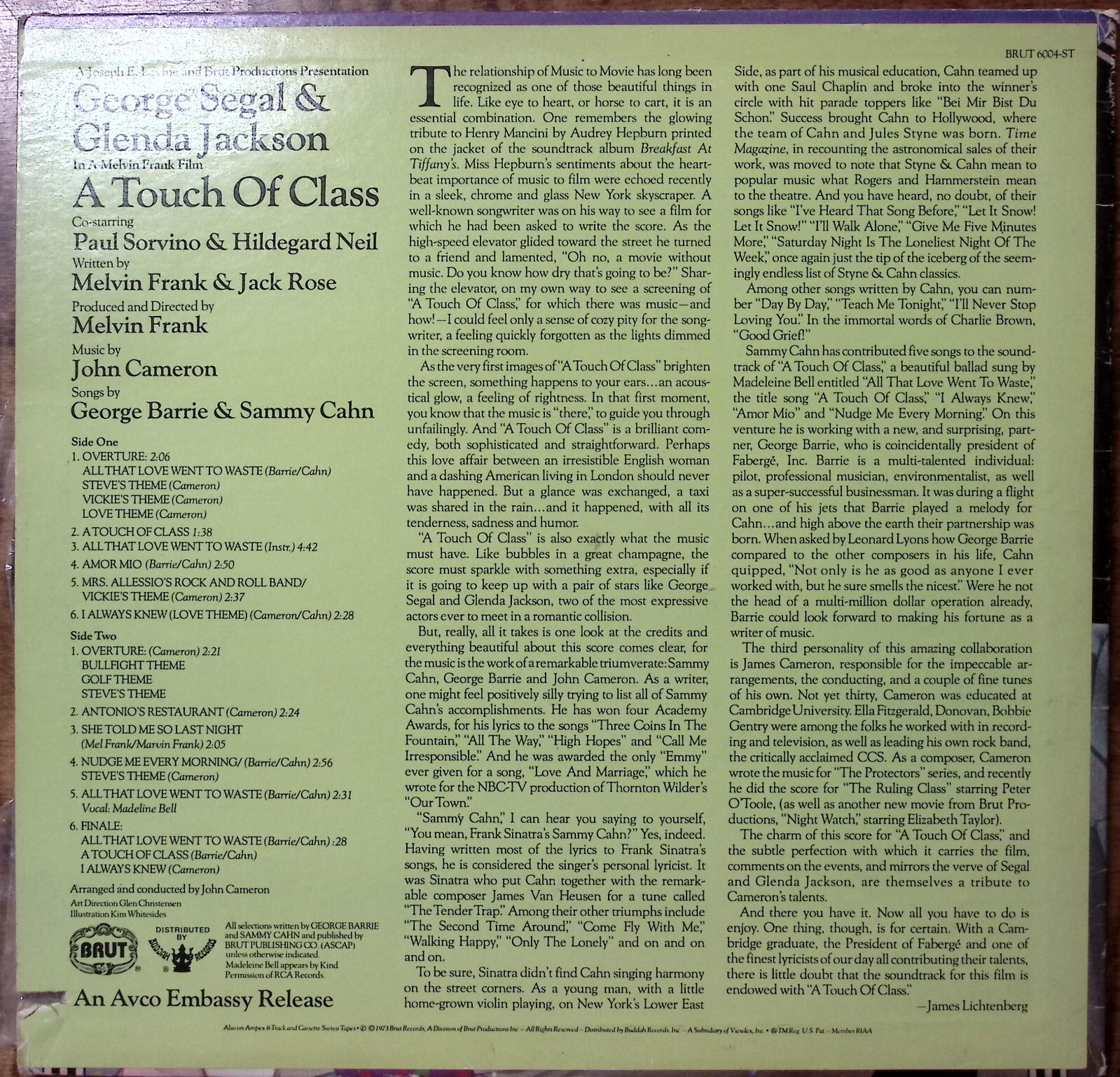 GEORGE SEGAL & GLENDA JACKSON, JOHN CAMERON A TOUCH OF CLASS VINYL LP 202-36
