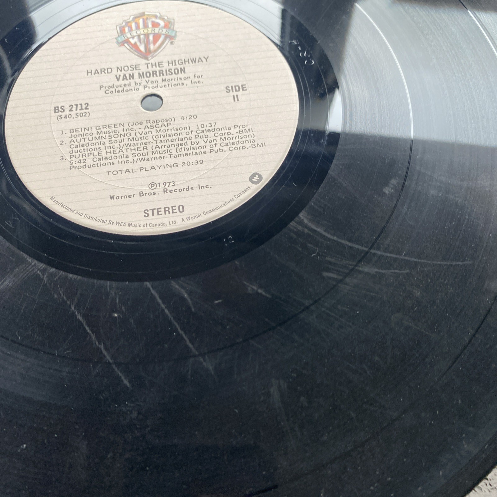 Van Morrison “Hard Nose The Highway” Rare Canada vinyl 1973 Warner Bros BS 2712