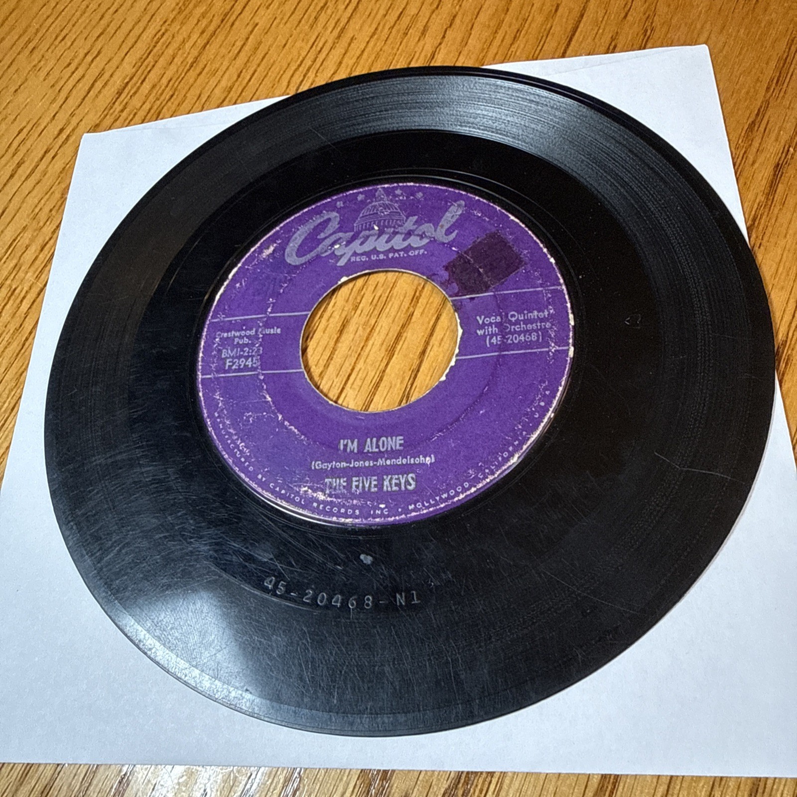 Five Keys LING TING TONG / I’M ALONE (DOO WOP 45) #2945 Vinyl Record